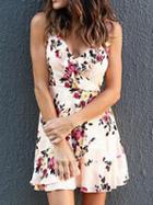 Choies Beige V-neck Floral Print Lace Up Back Mini Dress