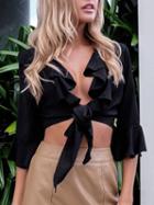 Choies Black Plunge Ruffle Trim 3/4 Sleeve Tie Front Crop Top