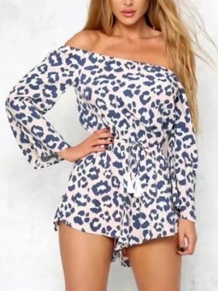 Choies Pink Off Shoulder Leopard Print Long Sleeve Romper Playsuit
