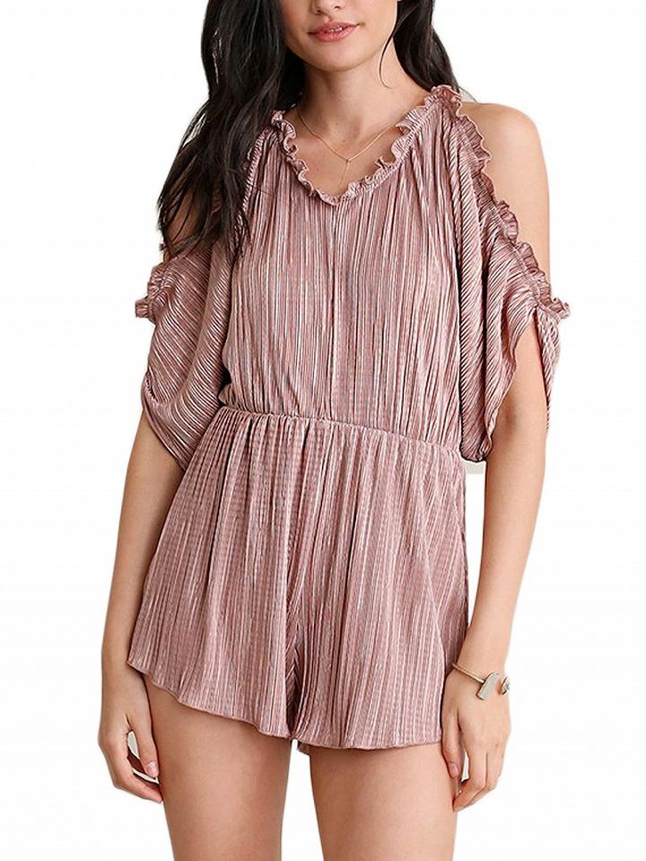 Choies Pink Cold Shoulder Frill Trim Tie Back Ruched Romper Playsuit