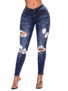 Choies Royal Blue High Waist Beaded Detail Ripped Skinny Jeans