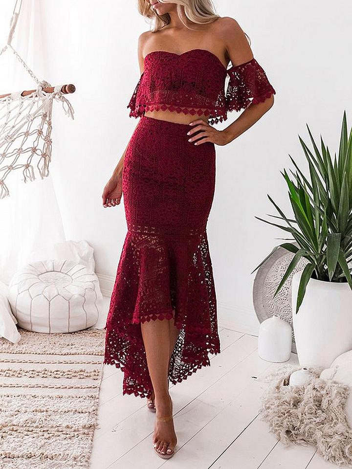 Choies Burgundy Bandeau Lace Crop Top And High Waist Hi-lo Skirt