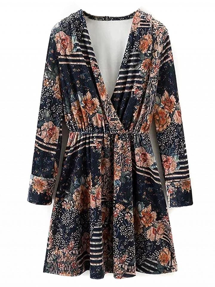 Choies Polychrome Velvet V-neck Print Floral Detail Mini Dress