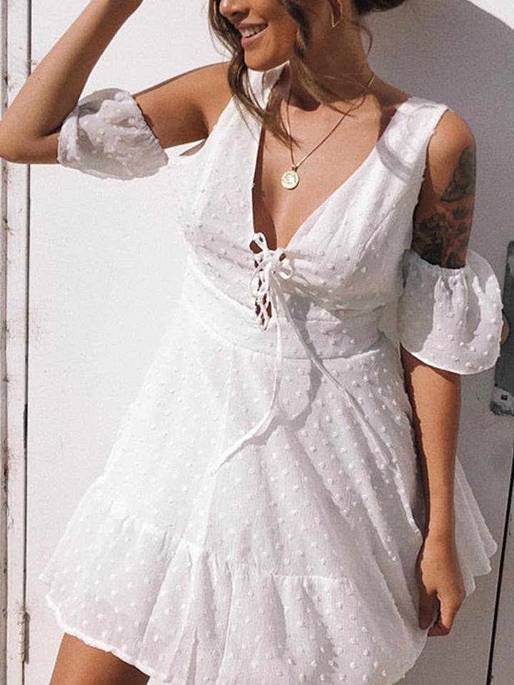 Choies White V-neck Cold Shoulder Lace Up Front Chic Women Mini Dress