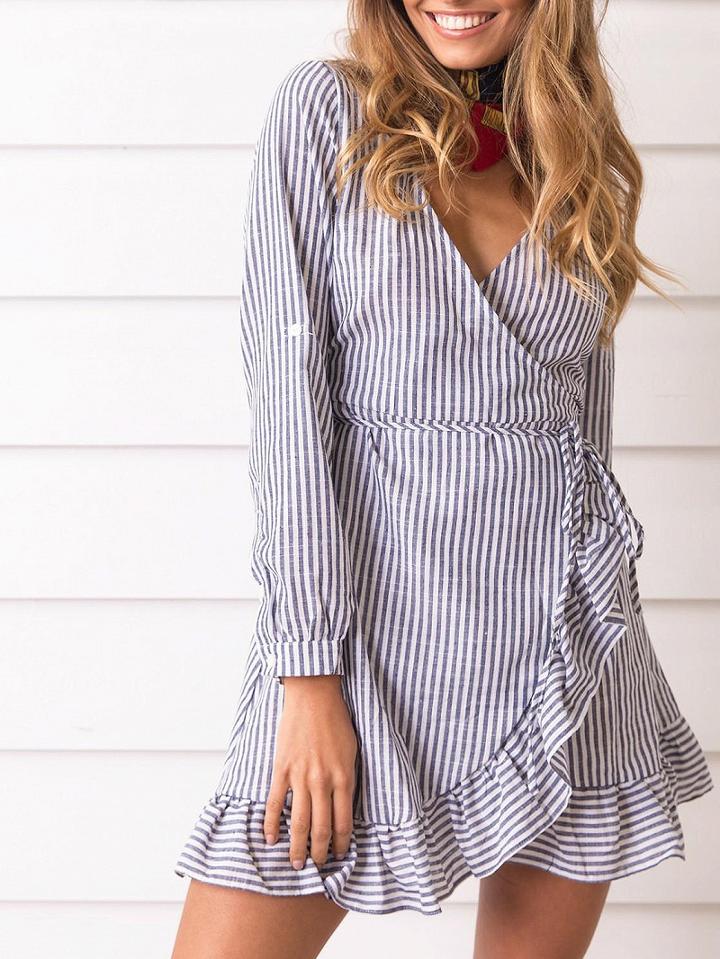 Choies Monochrome Stripe V Neck Wrap Tie Waist Ruffle Trim Dress