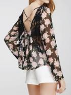Choies Polychrome Floral Strap Back Cross Lace Panel Sheer Blouse