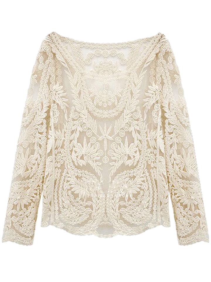 Choies White Crochet Lace Mesh Long Sleeve Blouse