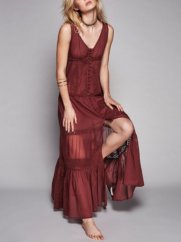 Choies Burgundy Lace Panel Maxi Dress