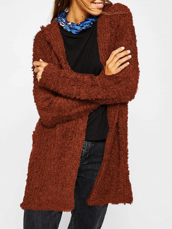 Choies Orange Long Sleeve Women Fluffy Hooded Cardigan