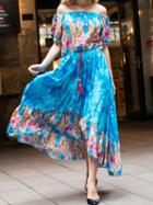 Choies Blue Cotton Off Shoulder Folk Print Vintage Women Maxi Dress