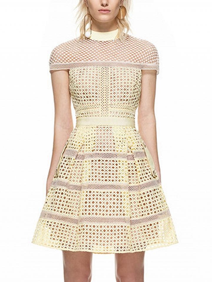 Choies Light Yellow High Neck Cape Panel Sheer Trim Lace A-line Dress