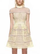 Choies Light Yellow High Neck Cape Panel Sheer Trim Lace A-line Dress