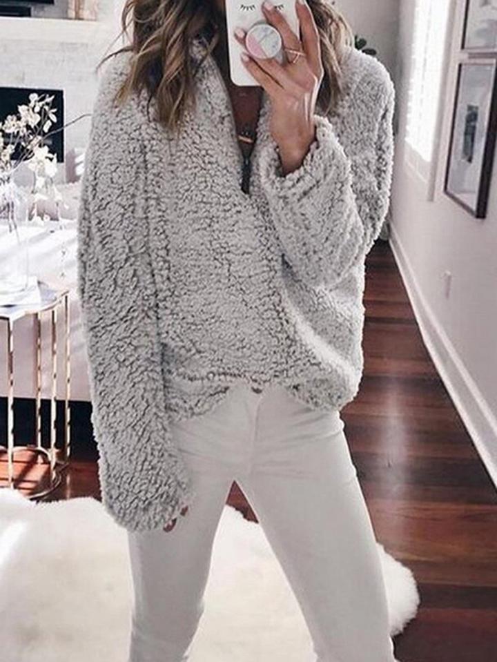 Choies Gray High Neck Long Sleeve Women Fluffy Sweatshirt