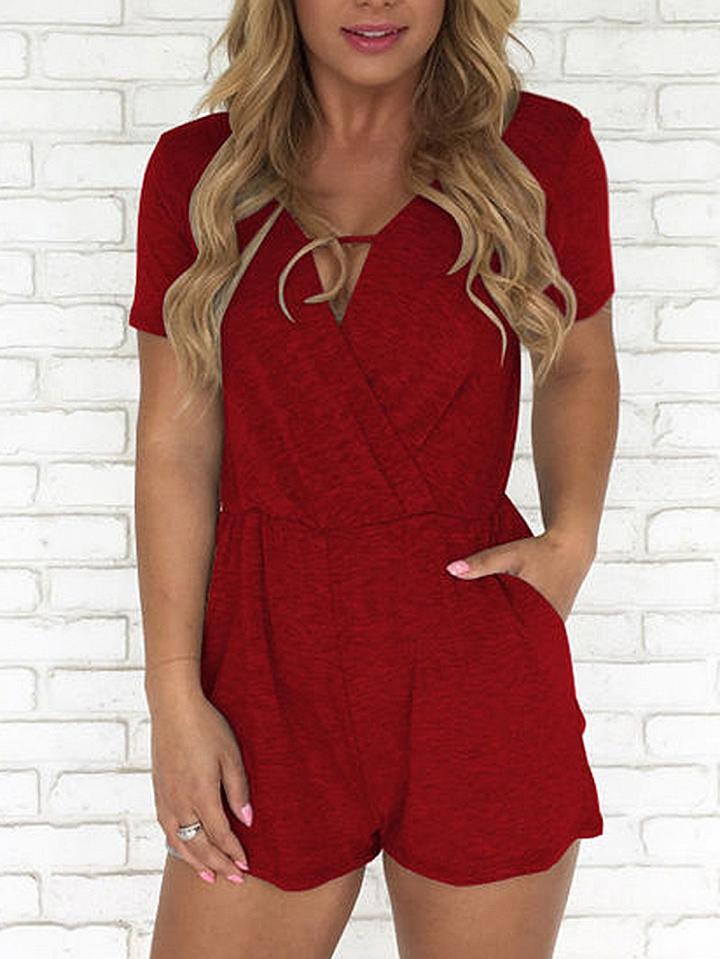 Choies Red V-neck Pocket Detail Romper Playsuit