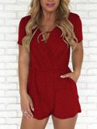Choies Red V-neck Pocket Detail Romper Playsuit