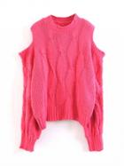 Choies Hot Pink Cold Shoulder Cable Long Sleeve Chunky Knit Sweater