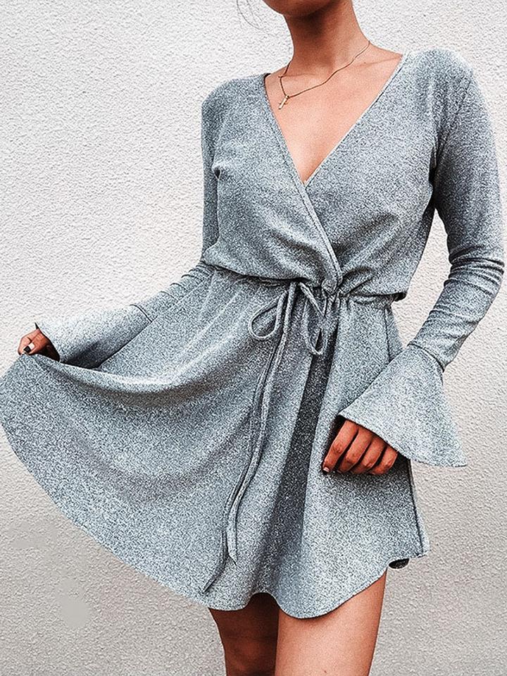 Choies Silver V-neck Drawstring Waist Flare Sleeve Women Mini Dress