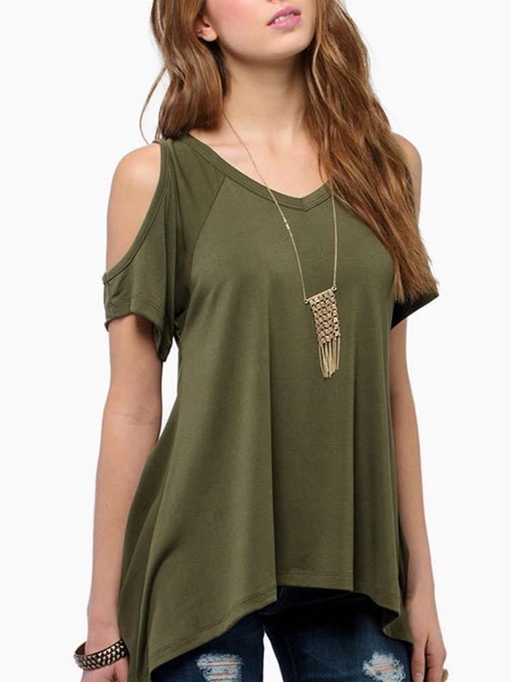 Choies Green Cold Shoulder V Neck Asymmetric Hem T-shirt