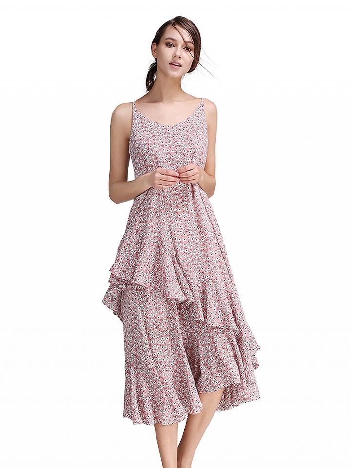 Choies Pink Floral Print Asymmetric Ruffle Cami Midi Dress