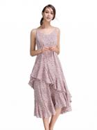 Choies Pink Floral Print Asymmetric Ruffle Cami Midi Dress