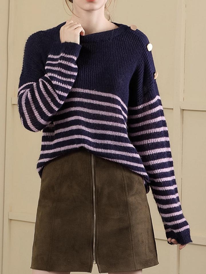 Choies Blue Contrast Stripe Long Sleeve Women Mohair Knit Sweater