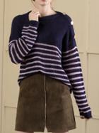 Choies Blue Contrast Stripe Long Sleeve Women Mohair Knit Sweater