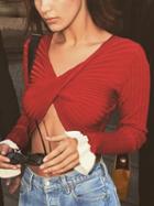 Choies Red V-neck Knot Front Ruffle Long Sleeve Rib Crop Top