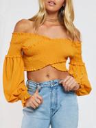 Choies Yellow Off Shoulder Puff Sleeve Stretch Cross Cropped Blouse