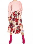 Choies Pink High Waist Floral Midi Skirt