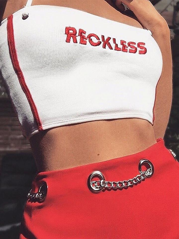 Choies White Spaghetti Strap Letter Embroidery Crop Tank Top