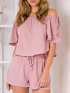 Choies Pink Cotton Blend Off Shoulder Chic Women Top And High Waist Shorts