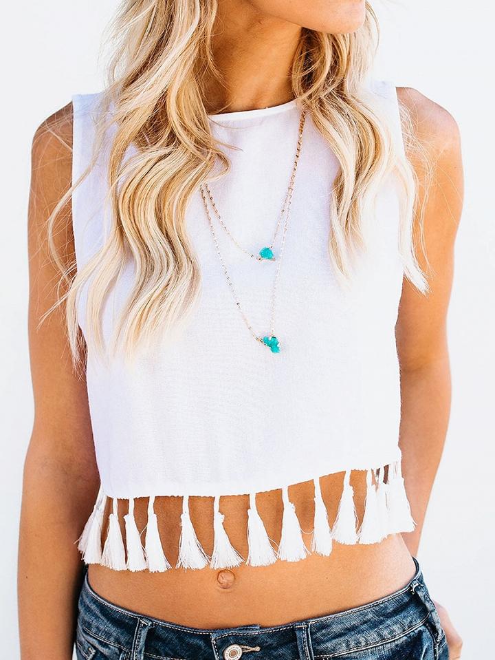 Choies White Chiffon Tassel Trim Chic Women Crop Tank Top