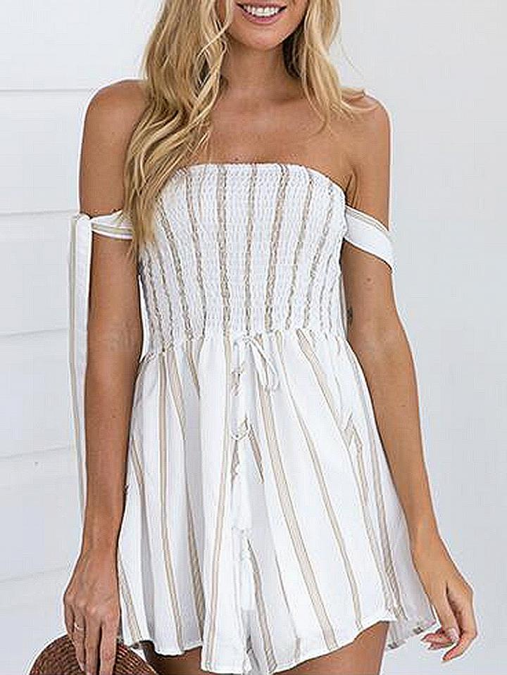 Choies White Stripe Off Shoulder Tie Detail Romper Playsuit
