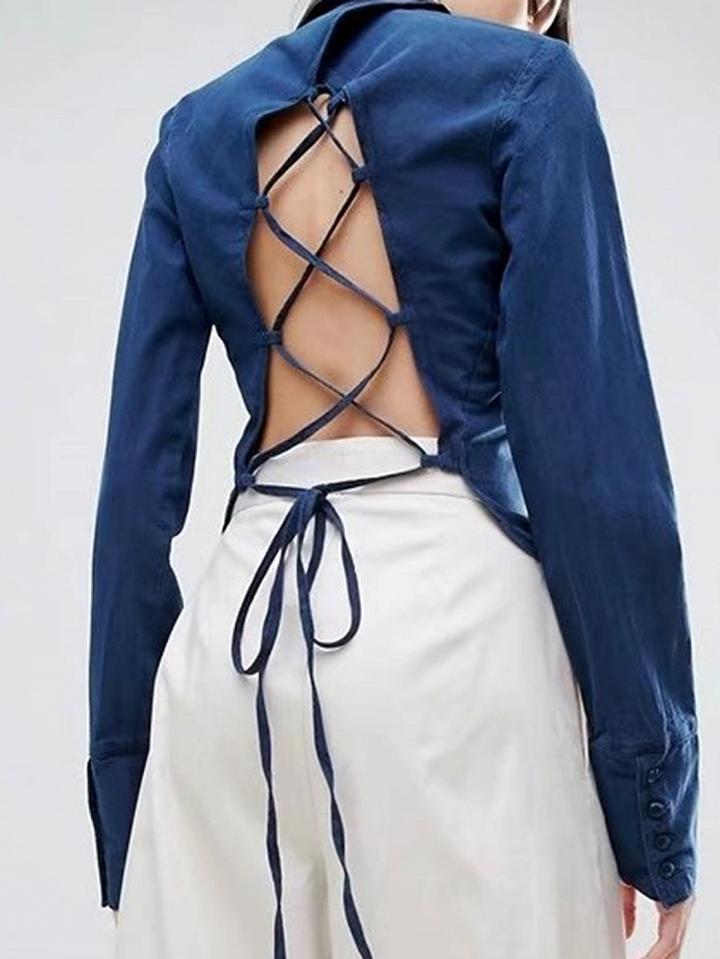 Choies Dark Blue Lace Up Back Denim Shirt