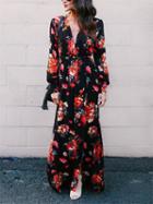 Choies Black Tie Waist Floral Print Thigh Split Maxi Dress