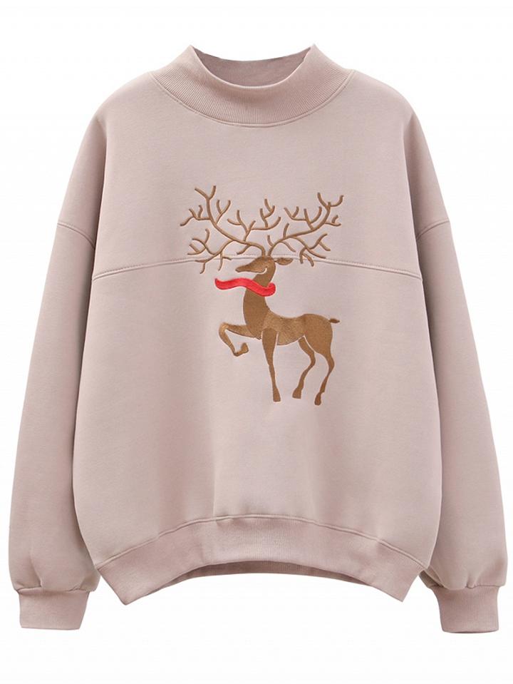 Choies Pink High Neck Embroidery Deer  Long Sleeve Sweatshirt
