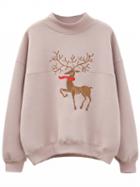 Choies Pink High Neck Embroidery Deer  Long Sleeve Sweatshirt