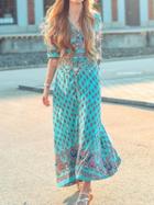 Choies Blue Boho Floral Print Button Front Maxi Dress