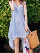 Choies Blue Stripe V-neck Lace Trim Asymmetric Hem Chic Women Cami Mini Dress