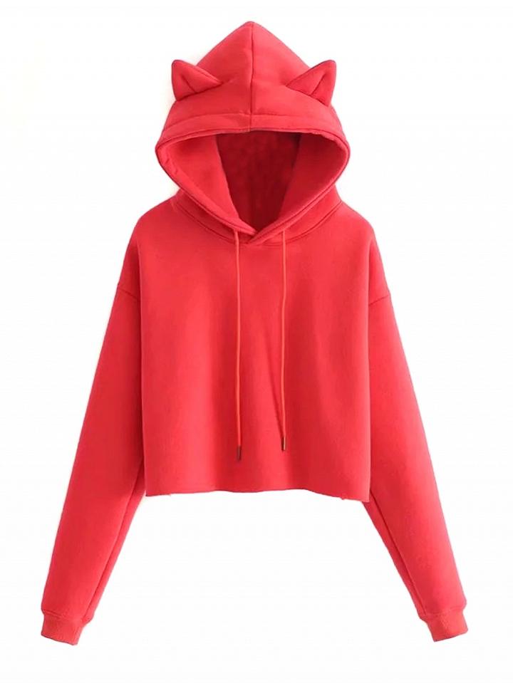 Choies Red Drawstring Cat Ears Fleece Crop Hoodie