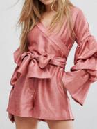 Choies Pink V-neck Tie Waist Puff Sleeve Romper Playsuit