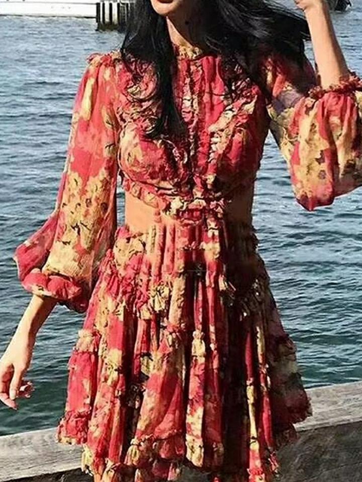 Choies Polychrome Floral Print Frill Trim Puff Sleeve Chic Women Mini Dress