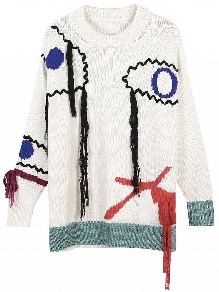 Choies White Eye Pattern Tassel Detail Longline Knit Jumper