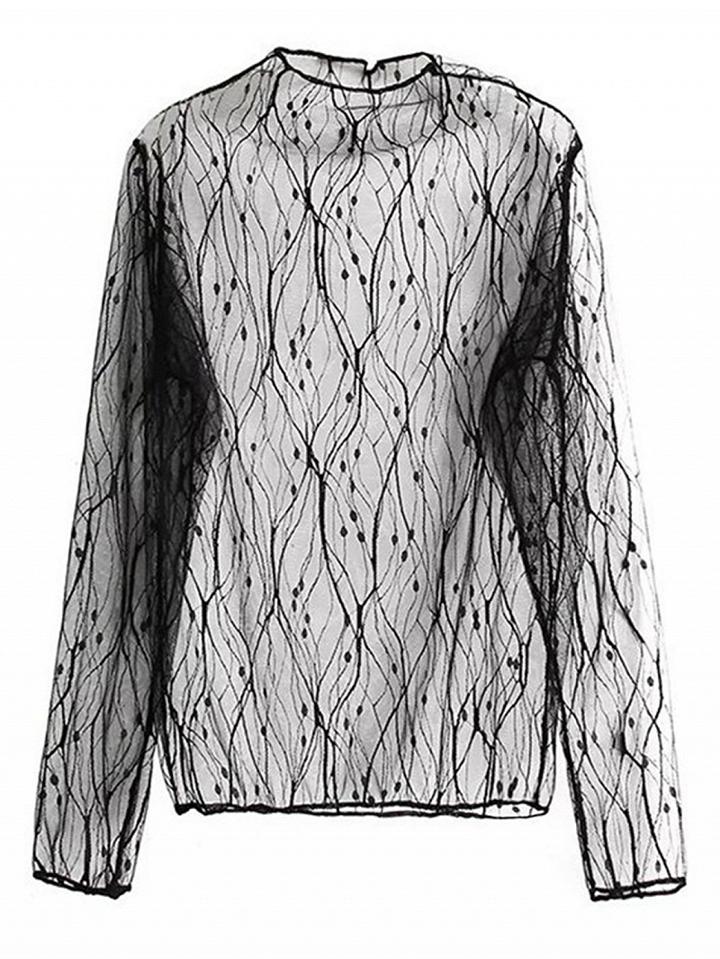 Choies Black High Neck Long Sleeve Sheer Mesh Blouse