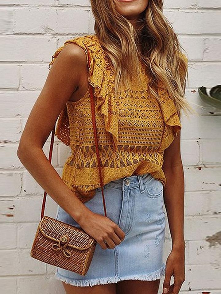 Choies Yellow Ruffle Trim Lace Cami Top