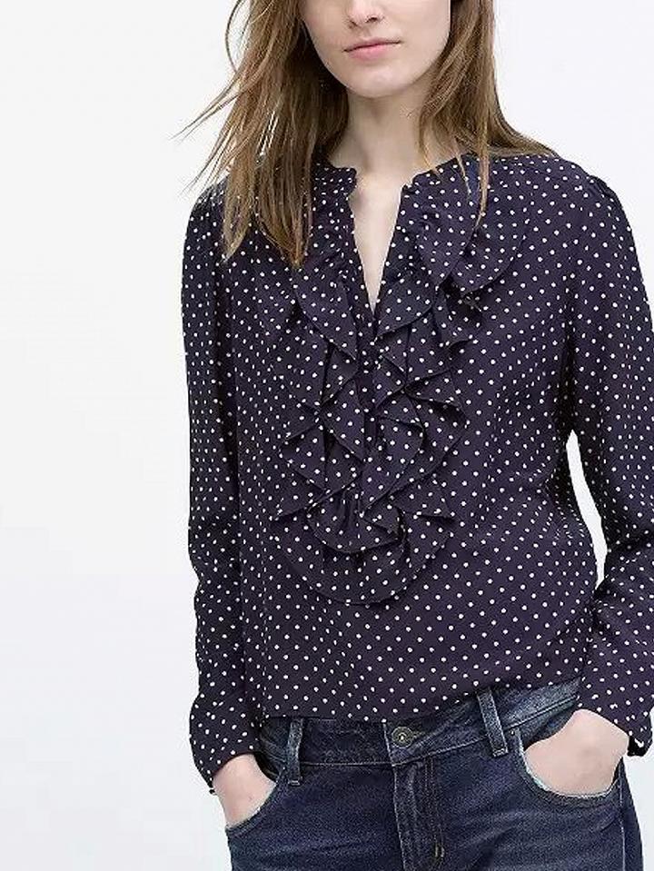 Choies Navy Polka Dot Ruffle Front Long Sleeve Blouse