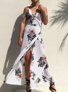 Choies White Chiffon V-neck Floral Print Open Back Chic Women Cami Maxi Dress