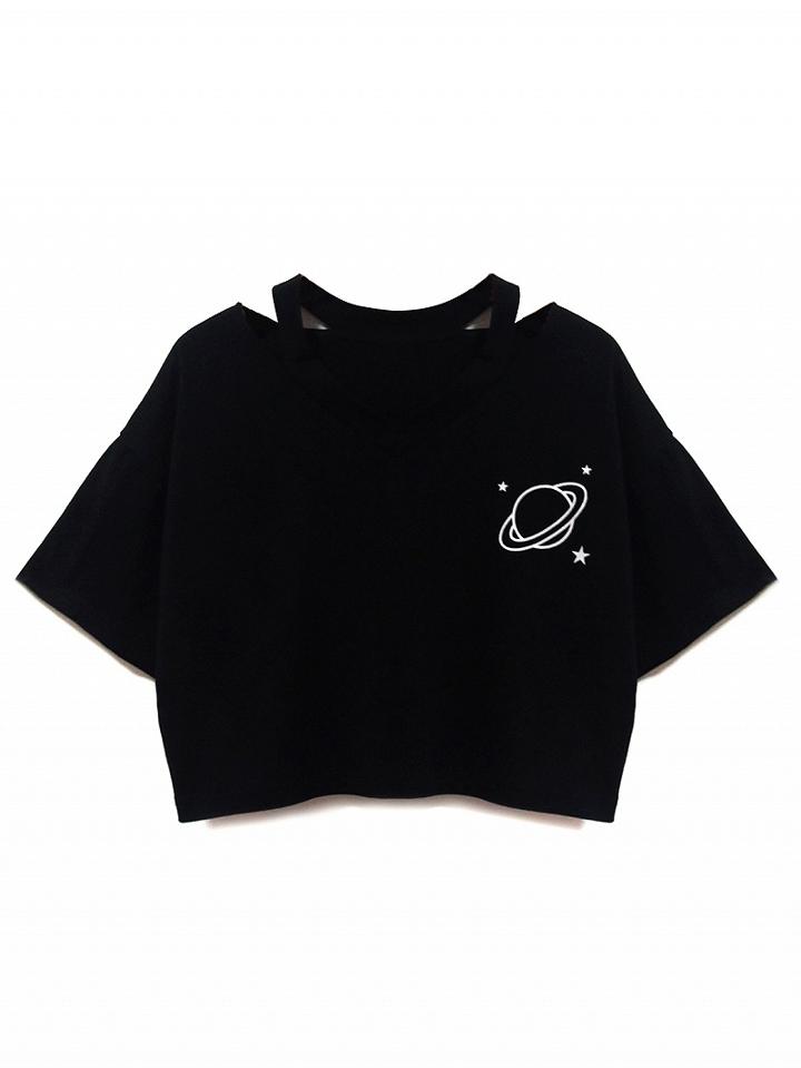 Choies Black V-neck Planet Print T-shirt