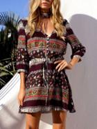 Choies Brown V-neck Folk Print Button Placket Front Mini Dress