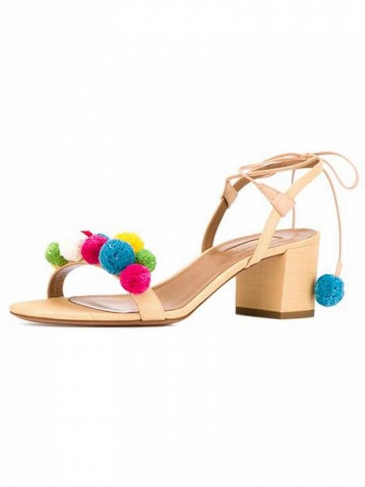 Choies Beige Tie Up Pom Pom Block Sandals